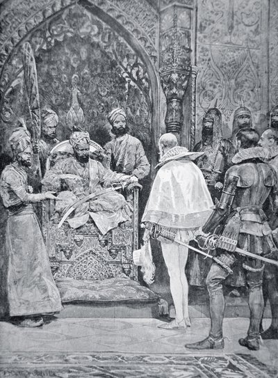 Akbar Wielki otrzymuje ambasadora królowej Elżbiety w 1599 (lito) autorstwa Richard Caton (after) Woodville