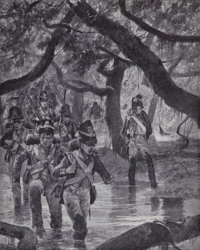 Brytyjscy żołnierze przekraczający bagna rzeki Essequibo w Gujanie Brytyjskiej autorstwa Richard Caton II (after) Woodville