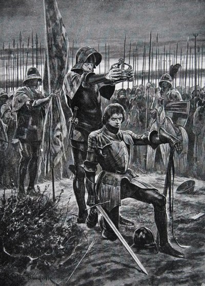 Henryk VII koronowany w Bosworth, ilustracja z „Historii narodu” (lito) autorstwa Richard Caton II (after) Woodville
