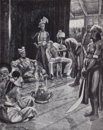 Sir James Brooke negocjuje traktat z sułtanem Brunei o założeniu kolonii brytyjskiej na Borneo autorstwa Richard Caton II (after) Woodville