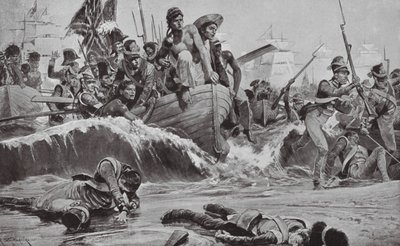 Brytyjskie oddziały dokonują desantu w zatoce Aboukir w obliczu francuskich baterii (litografia) autorstwa Richard Caton II (after) Woodville