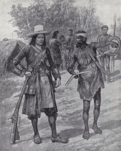 William Dampier z tubylcem podczas jego eksploracji Australii, koniec XVII wieku (lito) autorstwa Richard Caton II (after) Woodville