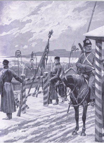 Stacja kozacka w Mandżurii ze znakami plemiennymi nad męskimi chatami, ilustracja z Cassells History of the rosyjsko-japońskiej wojny t. 1, ok. 1900 autorstwa Richard Caton Woodville