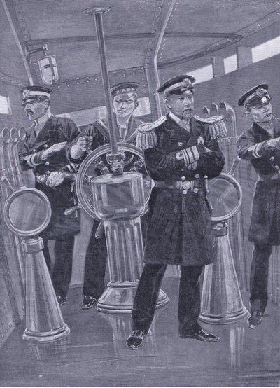 Admirał Togo w kiosku swojego okrętu flagowego, kierujący akcją morską, ilustracja z Cassells History of the rosyjsko-japońskiej wojny t. 1, ok. 1900 autorstwa Richard Caton Woodville