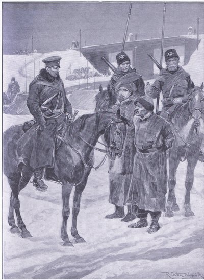 Aresztowanie japońskich szpiegów odkrytych jako kulisy, ilustracja z Cassells History of the rosyjsko-japońskiej wojny, tom 1, ok. 1900 autorstwa Richard Caton Woodville