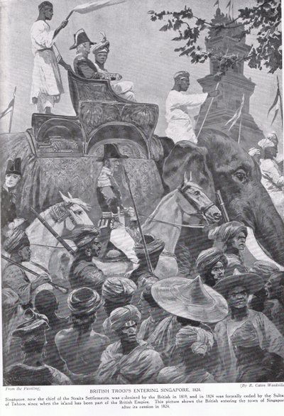 Wojska brytyjskie wkraczające do Singapuru, 1824, ilustracja z „Hutchinson