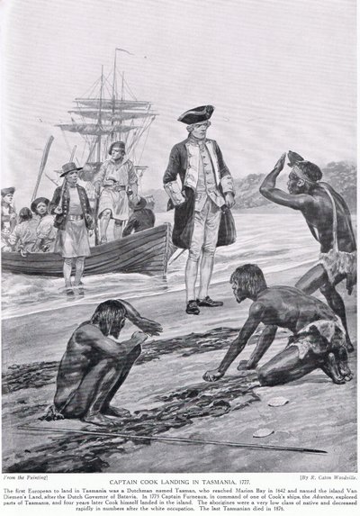 Kapitan Cook lądujący na Tasmanii, 1777, ilustracja z "Hutchinson