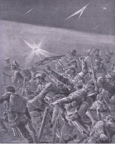 Zaplątani w zasieki z drutu kolczastego: Nocny atak brytyjskiej piechoty, z History of the Great War Vol 3, wydanej przez Waverley Book Co Limited, ok. 1920 r. autorstwa Richard Caton Woodville