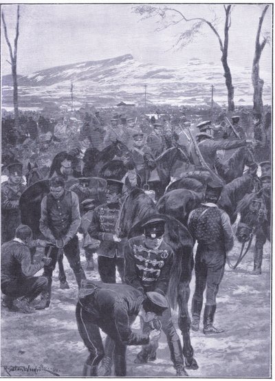 Obóz japońskiej kawalerii w Seulu: Kowale przy pracy, ilustracja z Historii wojny rosyjsko-japońskiej Cassells, t. 1, ok. 1900 autorstwa Richard Caton Woodville