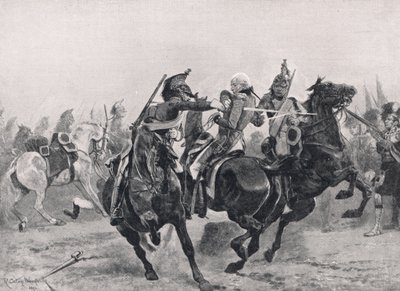 Atak na Sir Ralpha Abercrombiego przez francuskich dragonów, ilustracja z „British Battles on Land and Sea”, wydanej przez Cassell, Londyn, ok. 1910 autorstwa Richard Caton Woodville