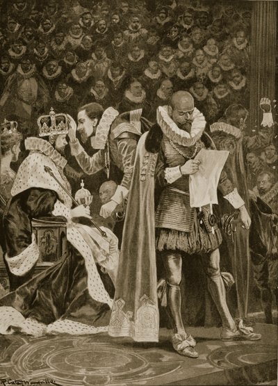 Hołd, hołd i generalne ułaskawienie podczas koronacji Jakuba I i Anny z Danii, 25 lipca 1603, z „The Illustrated London News”, 1902 autorstwa Richard Caton Woodville