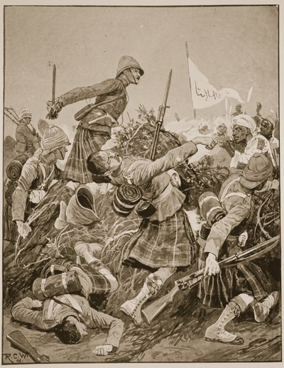 Seaforth Highlanders szturmujący Zerebę w bitwie pod Atbarą, ilustracja z „Bitwy XIX wieku”, tom. V: Kampanie lat dziewięćdziesiątych — A. Hilliard Atteridge autorstwa Richard Caton Woodville