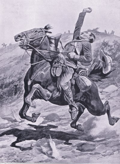 Ostatnia przejażdżka Yeomanów, ilustracja z filmu After Pretoria: The Guerilla War, 1902 autorstwa Richard Caton Woodville