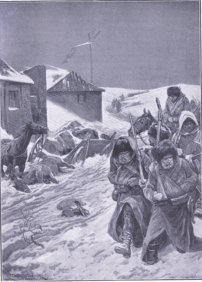 Niekończący się marsz na wschód: znajomy widok po drodze, ilustracja z Cassells History of the rosyjsko-japońskiej wojny t. 1, ok. 1900 autorstwa Richard Caton Woodville