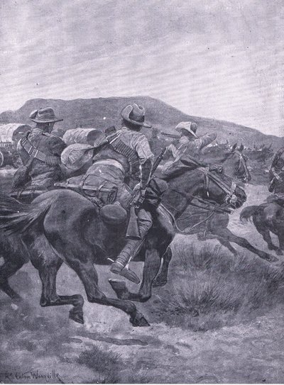Yeomanry atakuje straż tylną i transport De Wets, z After Pretoria: The Guerilla War opublikowanego przez Harmsworth Bros Limited, 1901. autorstwa Richard Caton Woodville