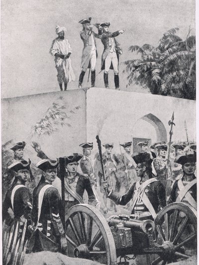 Bitwa pod Plassey, 23 czerwca 1757: Clive na dachu domku myśliwskiego Nawab Surat-ud-Daulah, ilustracja z brytyjskich bitew na lądzie i morzu, 1915 autorstwa Richard Caton Woodville junior