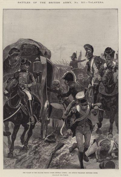 Bitwy armii brytyjskiej, Talavera, lot wojsk hiszpańskich pod dowództwem generała Cuesty, Sir Arthur Wellesley przywraca porządek autorstwa Richard Caton Woodville junior