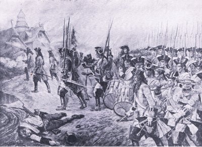Blenheim, 13 sierpnia 1704: Szturm na wioskę, ilustracja z brytyjskich bitew lądowych i morskich, 1915 autorstwa Richard Caton Woodville junior