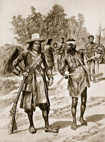 Dampier badający bumerang w Australii, ilustracja z „Hutchinson