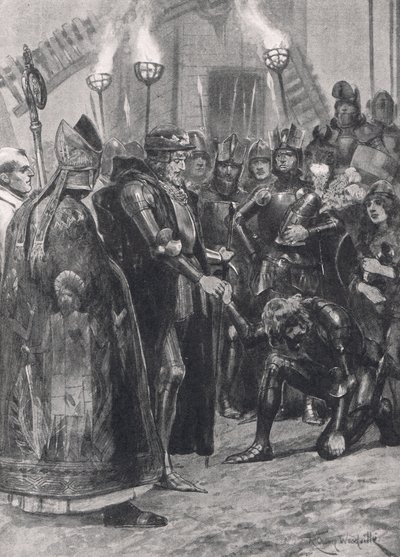 Edward III witający księcia Walii po bitwie pod Crecy, ilustracja z "British Battles on Land and Sea", wydanej przez Cassell, Londyn, ok. 1910 r. autorstwa Richard Caton Woodville junior