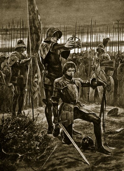 Henryk VII koronowany w Bosworth, ilustracja z "Hutchinson