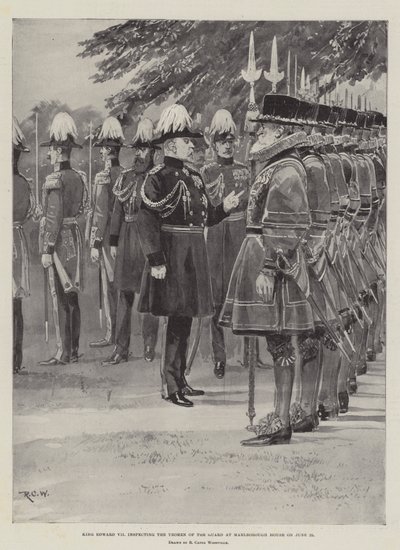 Król Edward VII przeprowadza inspekcję Yeomen of the Guard w Marlborough House 25 czerwca autorstwa Richard Caton Woodville junior