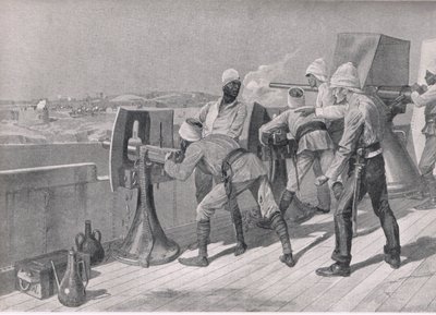 W drodze w górę Nilu: Strzelanie do derwiszów, ilustracja z brytyjskich bitew na lądzie i morzu, 1915 autorstwa Richard Caton Woodville junior