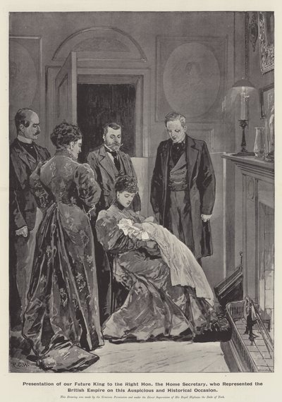 Przedstawienie naszego przyszłego króla szanownemu sekretarzowi spraw wewnętrznych, który reprezentował Imperium Brytyjskie w tej pomyślnej i historycznej okazji autorstwa Richard Caton Woodville junior