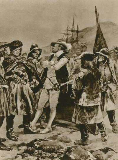 Sir Humphrey Gilbert twierdzi, że Nowa Fundlandia dla Anglii (wklęsłodruk) autorstwa Richard Caton Woodville junior