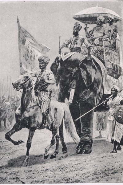 Siraj-ud-Daulah w Plassey, 23 czerwca 1757, ilustracja z brytyjskich bitew na lądzie i morzu, 1915 autorstwa Richard Caton Woodville junior