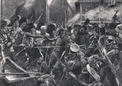42. Górale wypędzający Francuzów z Elviny, ilustracja z „British Battles on Land and Sea”, wydanej przez Cassell, Londyn, ok. 1910 autorstwa Richard Caton Woodville junior