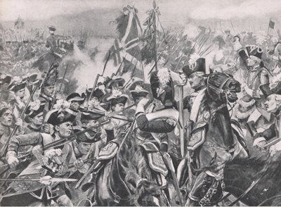Bitwa pod Minden, 1 sierpnia 1759, ilustracja z brytyjskich bitew na lądzie i morzu, 1915 autorstwa Richard Caton Woodville junior