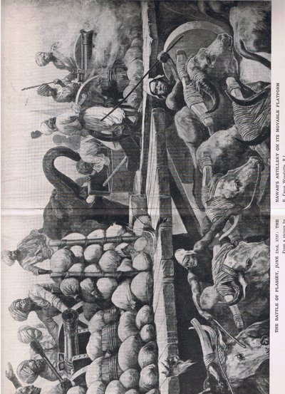 Bitwa pod Plassey 23 czerwca 1757: Artyleria Nawabs na ruchomej platformie, ilustracja z brytyjskich bitew na lądzie i morzu, 1915 autorstwa Richard Caton Woodville junior