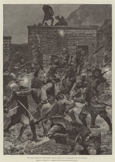 Ekspedycja Black Mountain, atak Ghazi na wysunięty posterunek w Ghazikot autorstwa Richard Caton Woodville junior