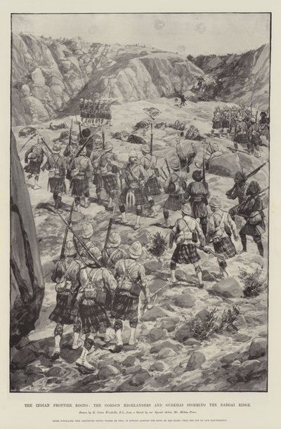 Powstanie na indyjskiej granicy, Gordon Highlanders i Gurkhas szturmują Dargai Ridge autorstwa Richard Caton Woodville junior