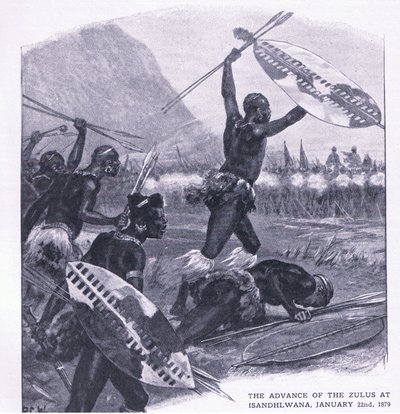 Natarcie Zulusów na Isandhlwana 22 stycznia 1879, ilustracja z brytyjskich bitew lądowych i morskich, 1915 autorstwa Richard Caton Woodville junior