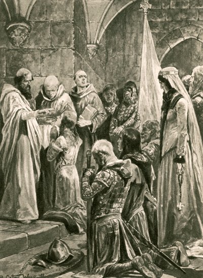 Namaszczenie Edwarda Męczennika podczas jego koronacji autorstwa Richard Caton Woodville junior