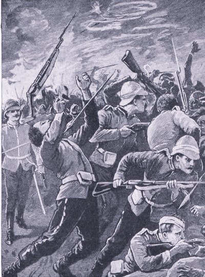 Obrona Rorkes Drift, ilustracja z brytyjskich bitew na lądzie i morzu, 1915 autorstwa Richard Caton Woodville junior