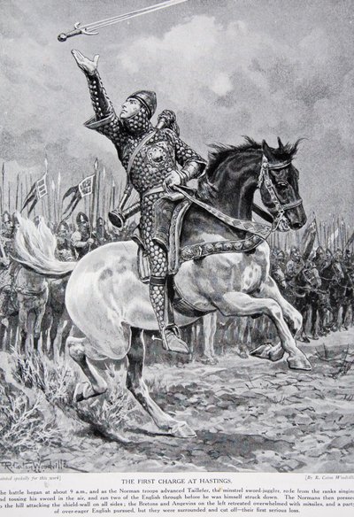 Pierwsza szarża pod Hastings: Taillefer żongler mieczem minstreli jechał z szeregów, śpiewając i podrzucając miecz w powietrzu, 1066, ilustracja z „Hutchinson
