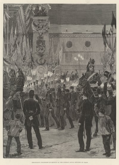 Procesja z pochodniami na cześć oficerów rosyjskiej marynarki wojennej w Paryżu autorstwa Richard Caton Woodville junior