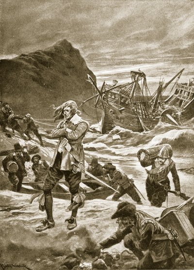 Rozbity na Bermudach, 1609, ilustracja z „Hutchinson