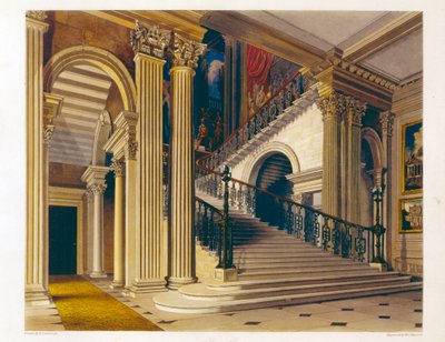 Klatka schodowa, dom Buckingham, z „Historii rezydencji królewskich”, rytowana przez Williama Jamesa Bennetta (1787-1844), autorstwa Williama Henry