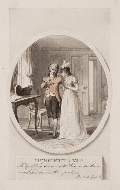 Pan Courtney pokazuje Henrietcie miniaturowe zdjęcie ich matek, księga 5, rozdział 4, ilustracja do wydania „Henrietty” Charlotte Lennox z 1798 r., ok. 1798 r. (ołówek i toaleta na papierze) autorstwa Richard Corbould