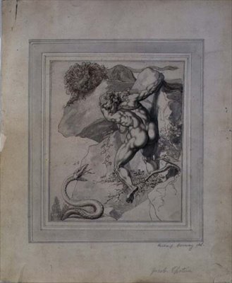 Człowiek uwięziony między lwem a wężem, ok. 1790 (długopis i brązowy tusz, szary pranie na papierze) autorstwa Richard Cosway