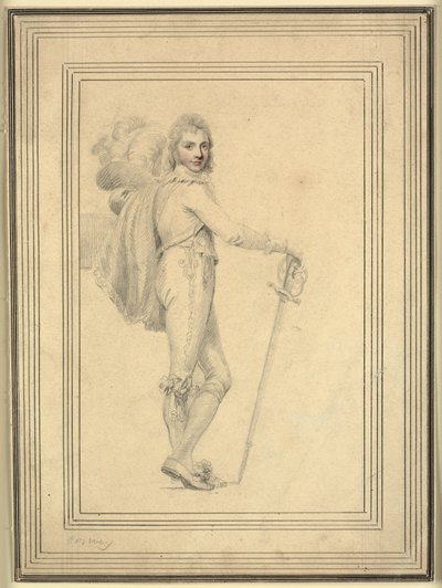Pełnometrażowy portret dżentelmena z mieczem w jednej ręce i kapeluszem z pióropuszem w drugiej autorstwa Richard Cosway