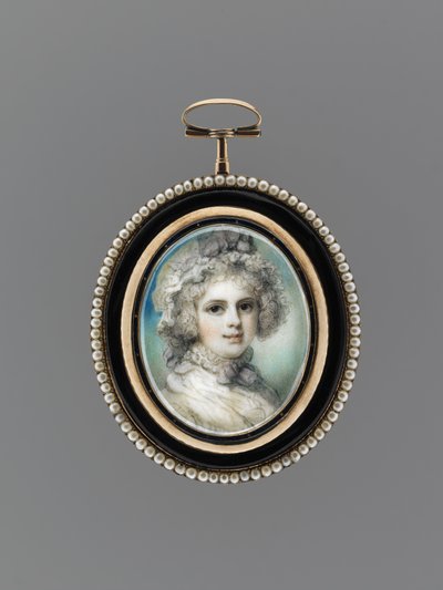 Portret kobiety, ok. 1785 (akwarela na kości słoniowej, 9-karatowe różowe złoto, perły, emalia i szkło) autorstwa Richard Cosway
