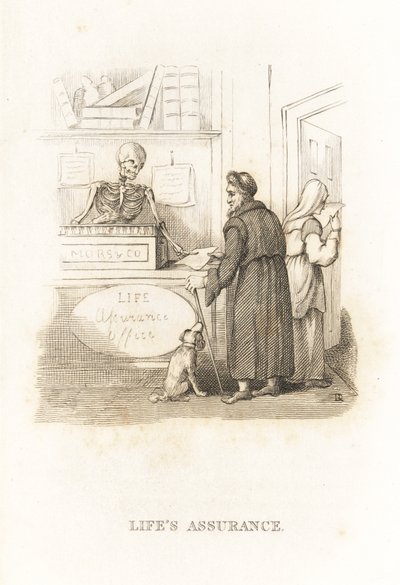 Szkielet Śmierci w biurze ubezpieczeniowym. ,1827 (grawerowanie) autorstwa Richard Dagley