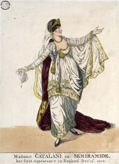 Madame Catalani w „Semiramide”, jej pierwszy występ w Anglii, 13 grudnia 1806 (kolorowa akwaforta) autorstwa Richard Dighton