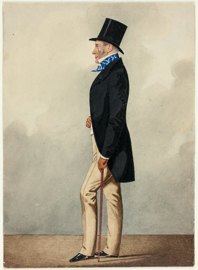 Portret mężczyzny w czarnym płaszczu i niebiesko-białym krawacie autorstwa Richard Dighton