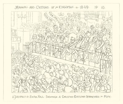 1849, Perspektywa Exeter Hall ukazująca chrześcijańskiego dżentelmena potępiającego papieża autorstwa Richard Doyle